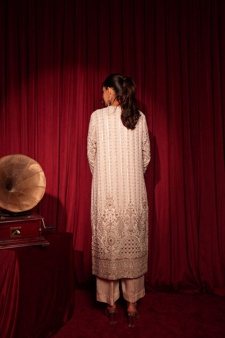 MW Inaaya Embroidered Long Jacket With Bustier and Skirt - Ivory Gold