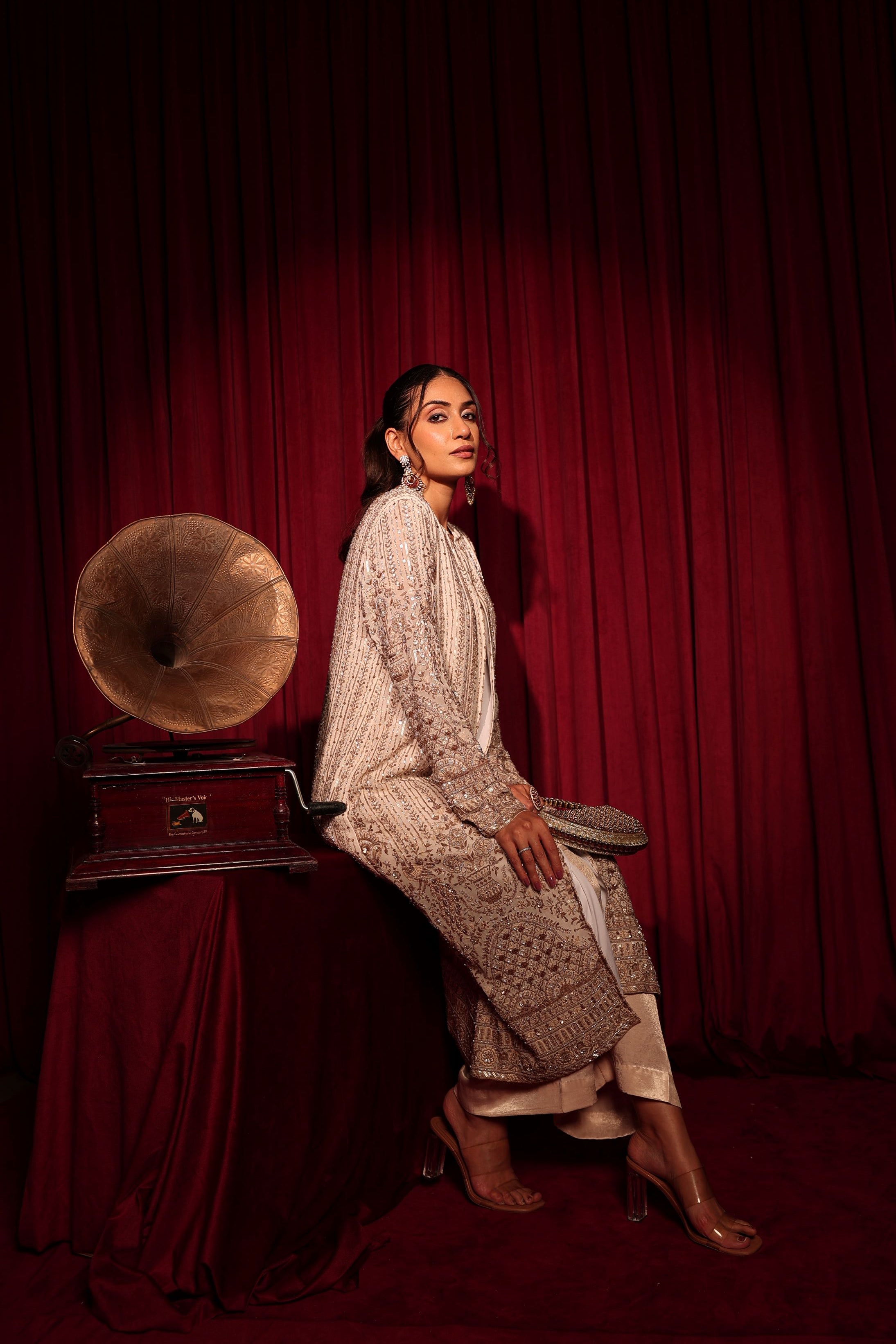 Inaaya Embroidered Long Jacket With Bustier and Skirt - Ivory Gold