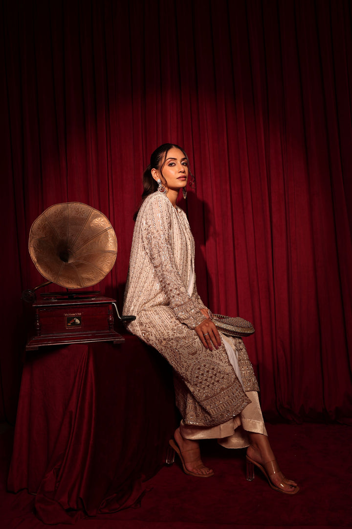 MW Inaaya Embroidered Long Jacket With Bustier and Skirt - Ivory Gold