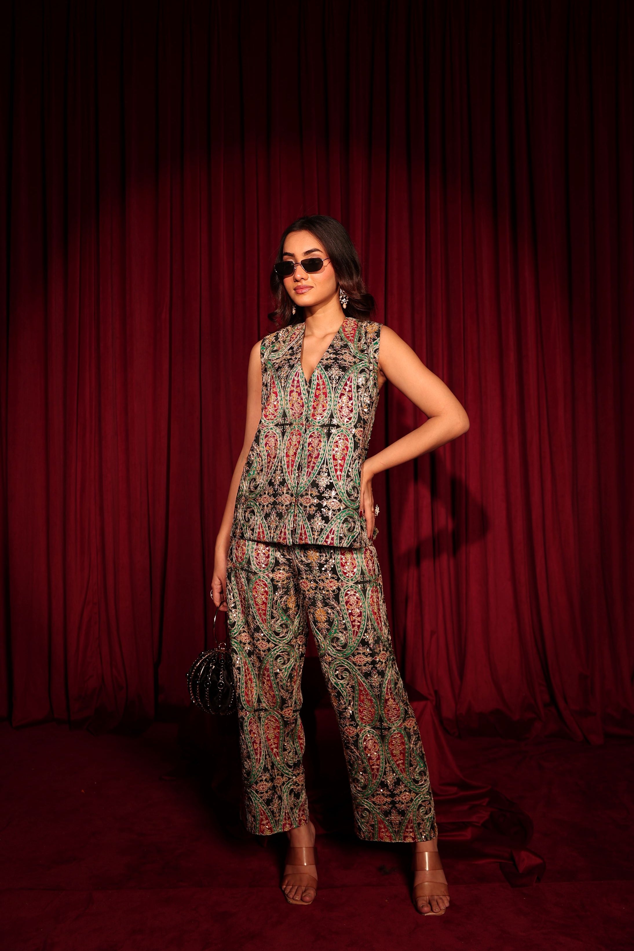 Elizey Paisley Embroidered Sleeveless Power Suit with Belt - Black