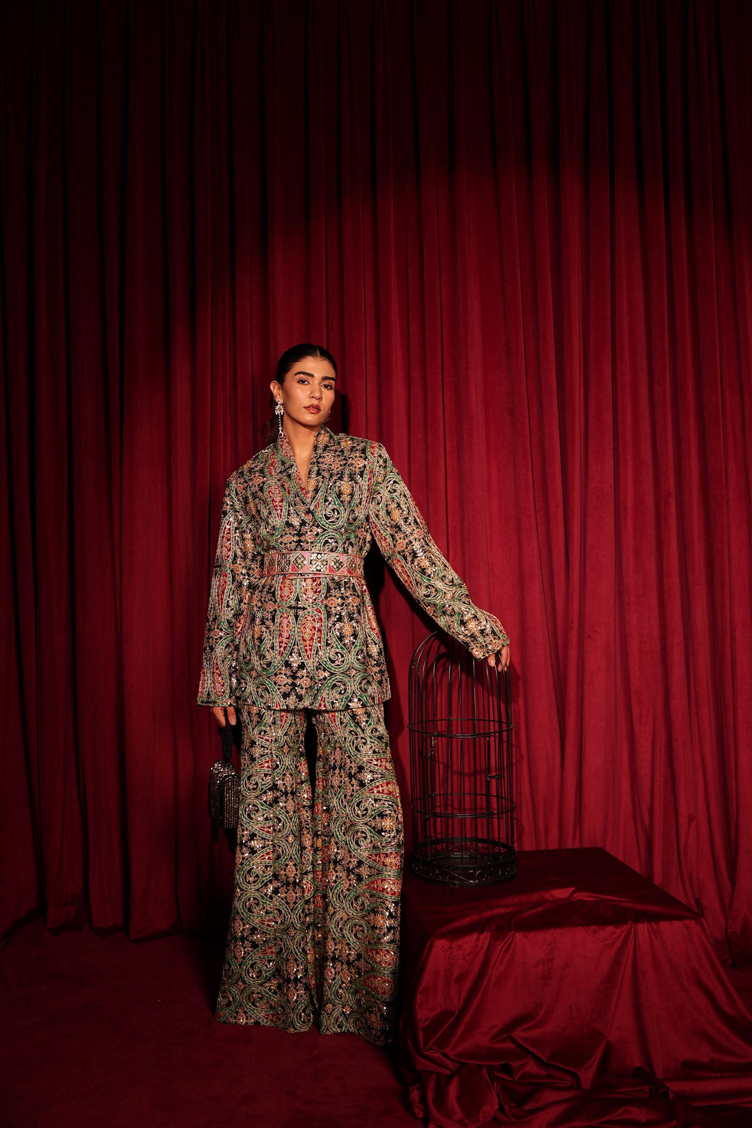 Elizey Paisley Embroidered Colorful Power Suit with Belt - Black