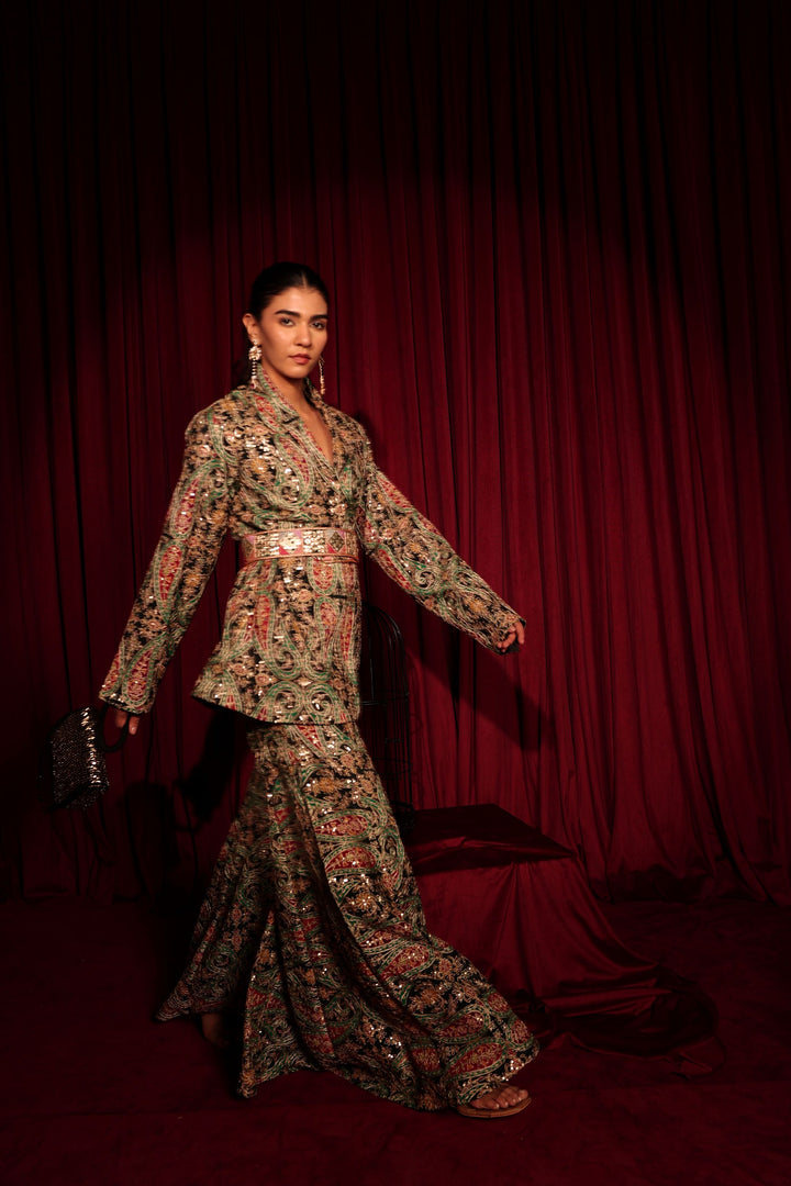 Elizey Paisley Embroidered Colorful Power Suit with Belt - Black