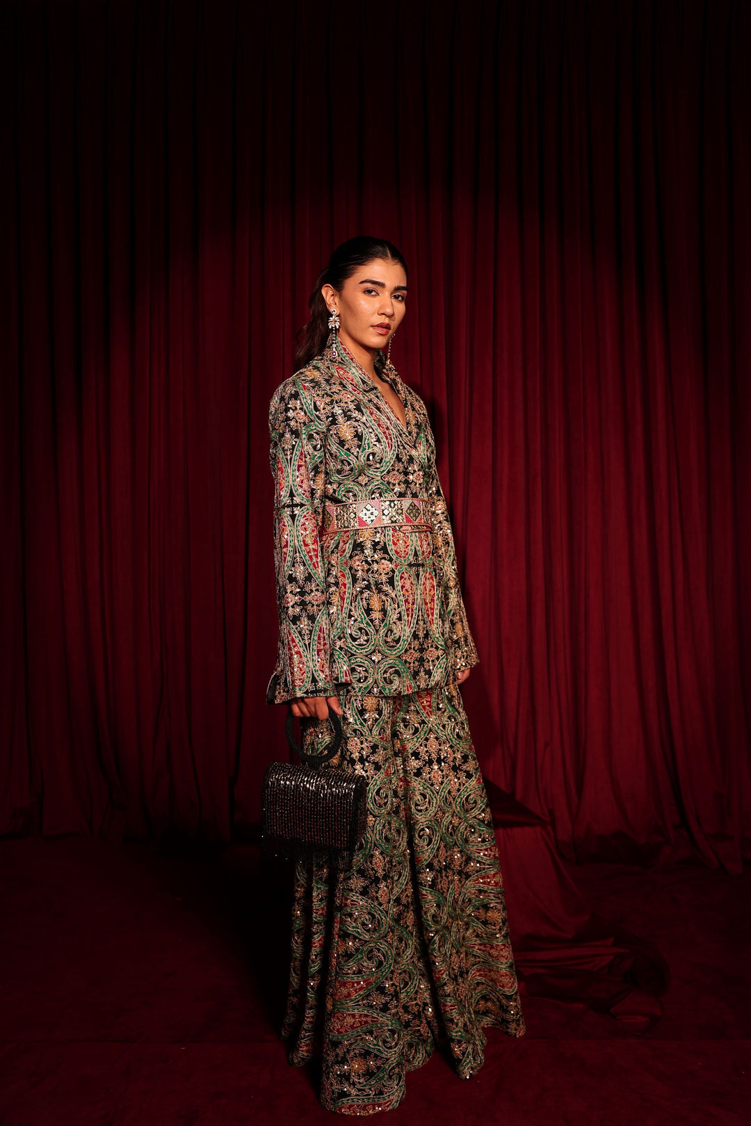 Elizey Paisley Embroidered Colorful Power Suit with Belt - Black