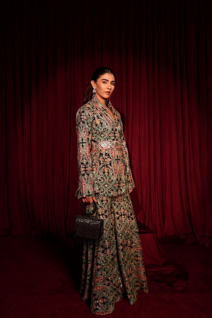 Elizey Paisley Embroidered Colorful Power Suit with Belt - Black