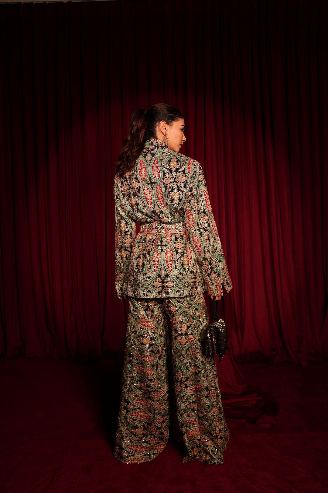 Elizey Paisley Embroidered Colorful Power Suit with Belt - Black