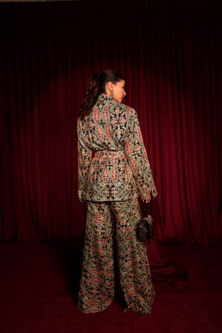 Elizey Paisley Embroidered Colorful Power Suit with Belt - Black