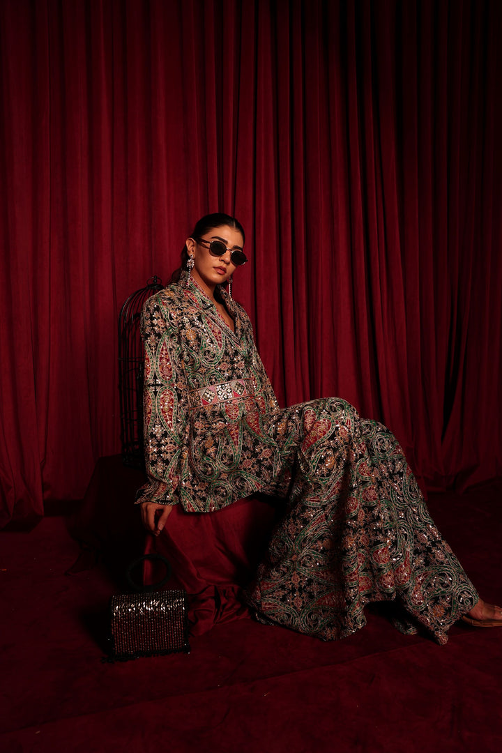 Elizey Paisley Embroidered Colorful Power Suit with Belt - Black