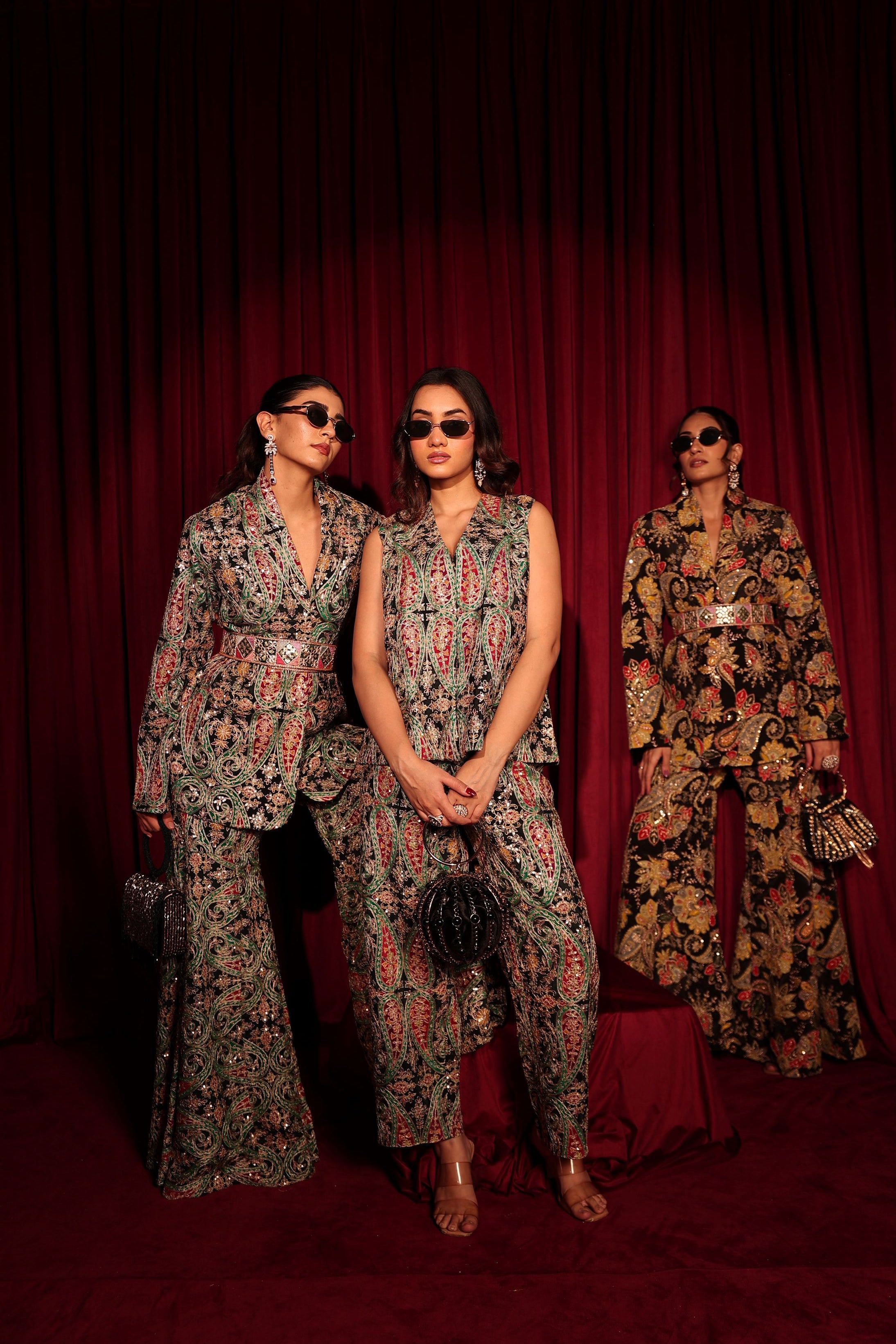 Elizey Paisley Embroidered Power Suit with Belt - Black