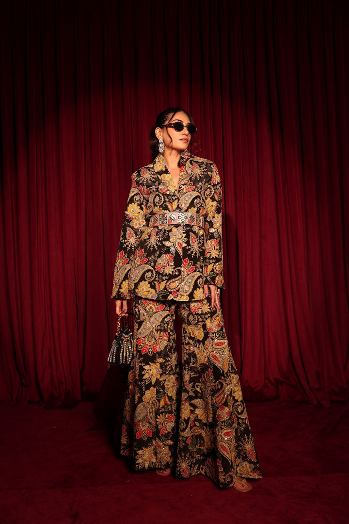 Elizey Paisley Embroidered Power Suit with Belt - Black