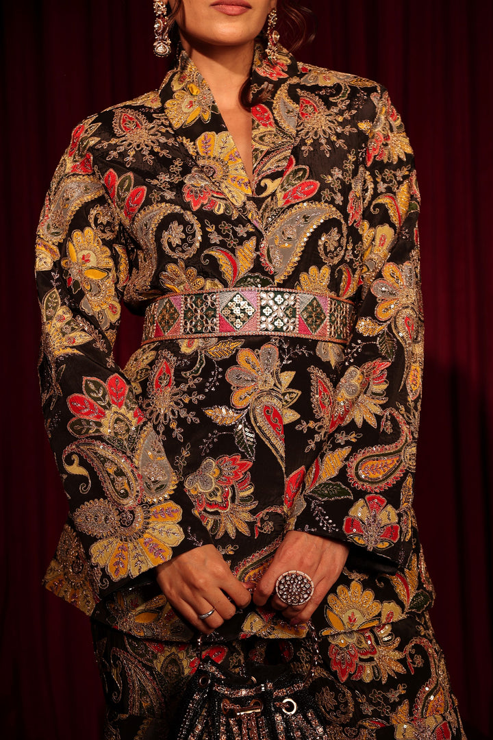 Elizey Paisley Embroidered Power Suit with Belt - Black