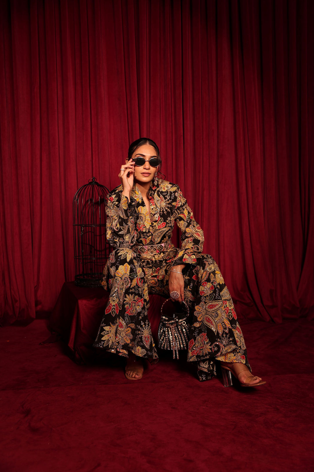 Elizey Paisley Embroidered Power Suit with Belt - Black