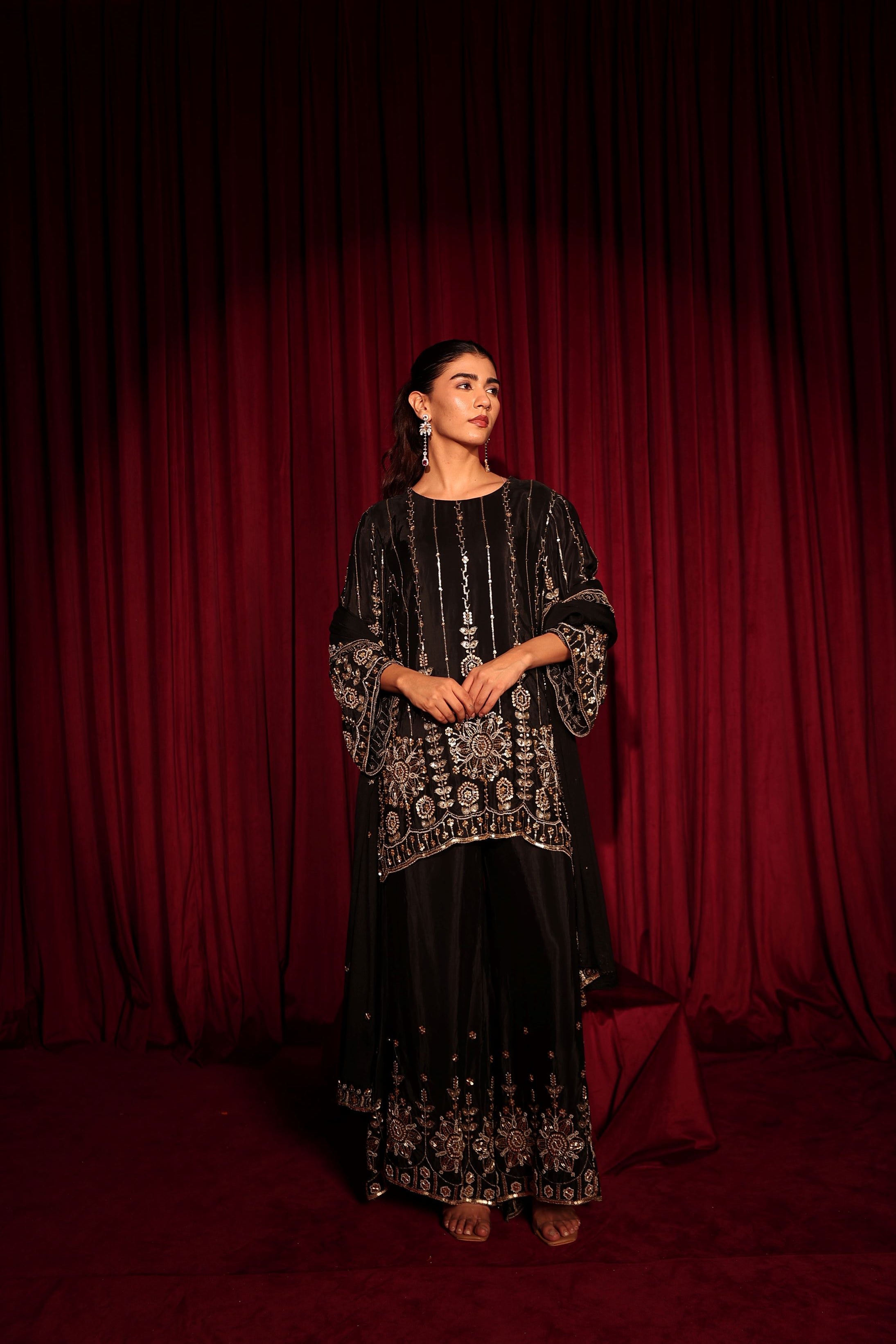 Inaari Black Cutdana Sharara Set - Black