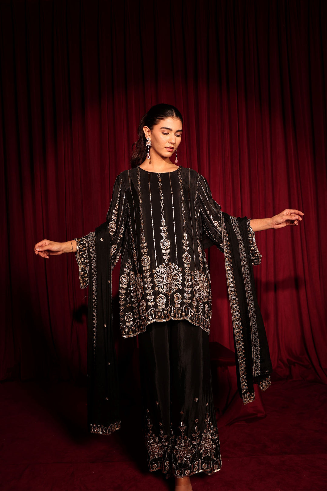 Inaari Black Cutdana Sharara Set - Black