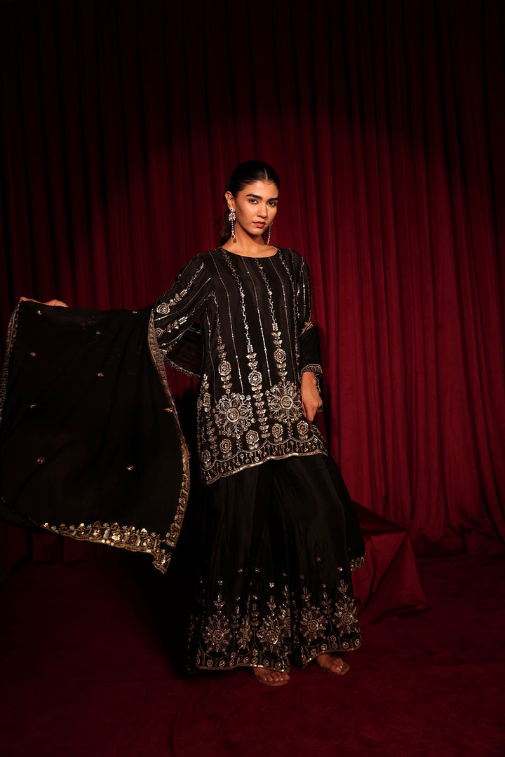Inaari Black Cutdana Sharara Set - Black