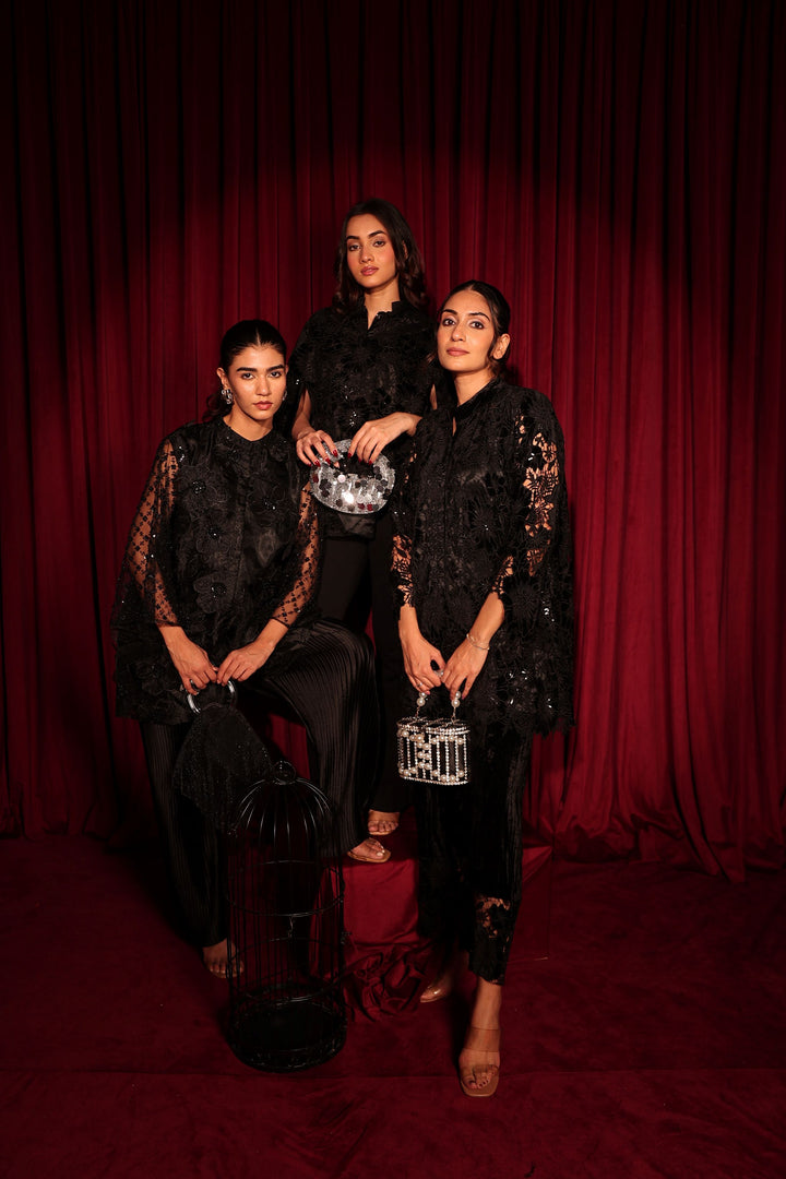 Fragrant Floral Sequins Tunic with Pleated Pants- Black