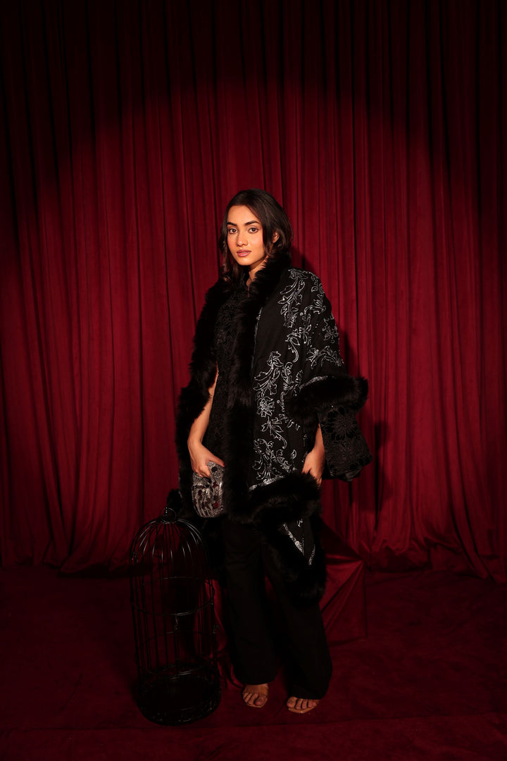 Statement Swarovski Fur Short Stole - Black Sequin