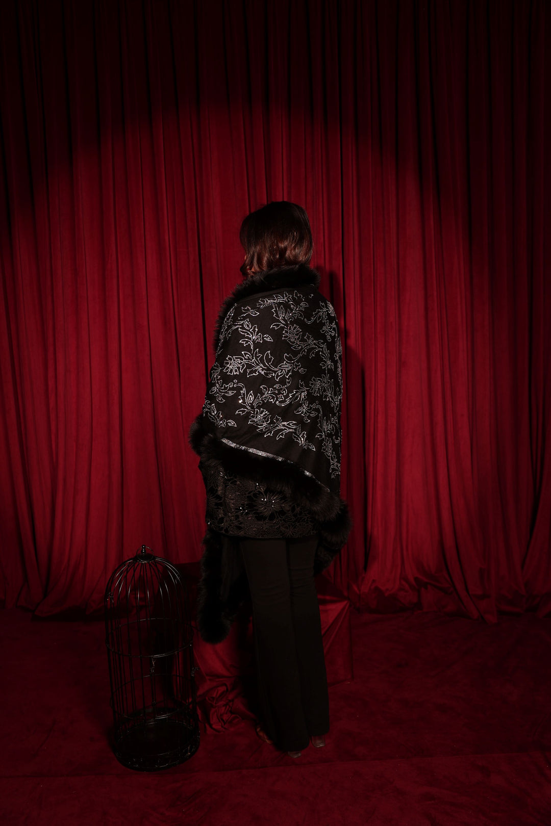 Statement Swarovski Fur Short Stole - Black Sequin