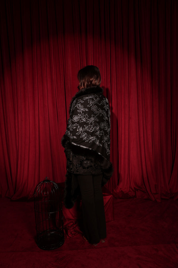 Statement Swarovski Fur Short Stole - Black Sequin