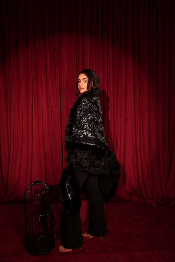 Statement Swarovski Fur Short Stole - Black Sequin