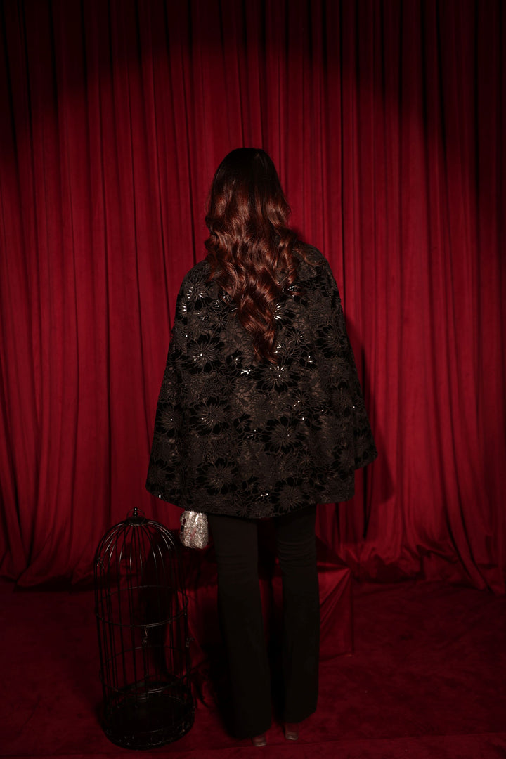 Fragrant Floral Sequins Cape Jacket - Black