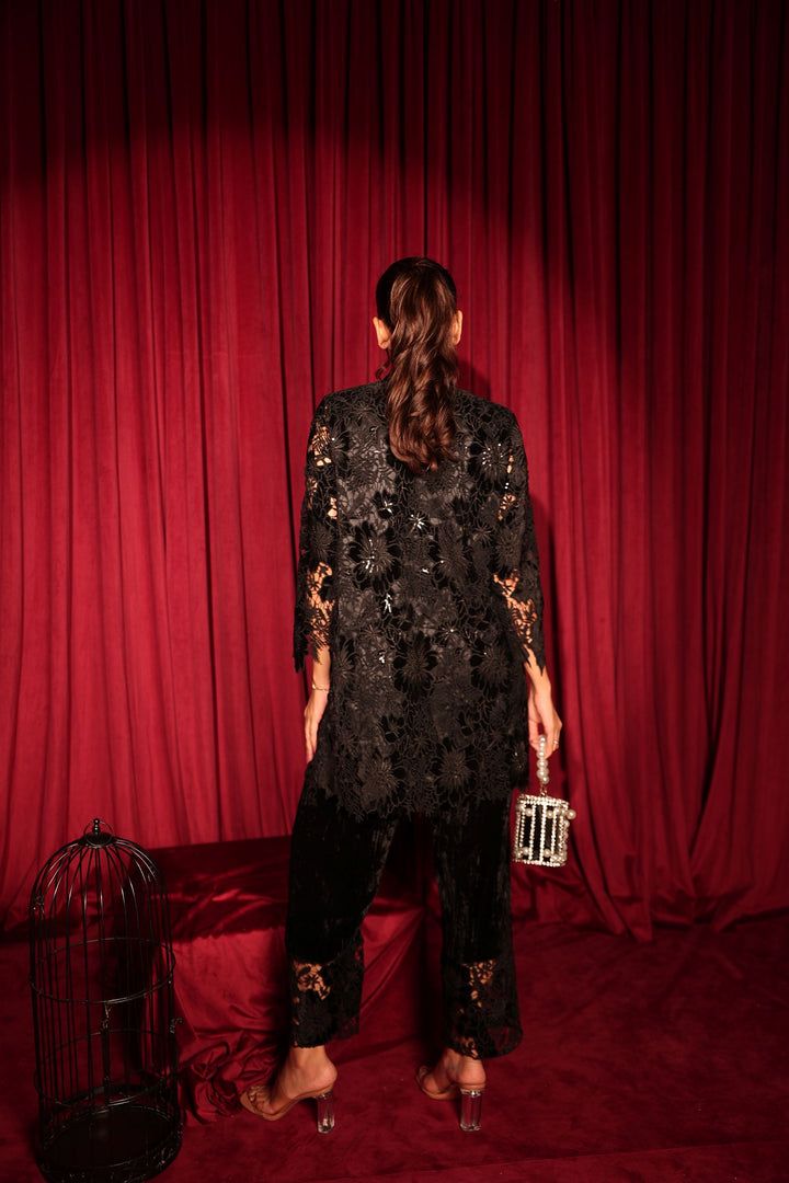 Fragrant Floral Sequins Tunic with Velvet Pants- Black