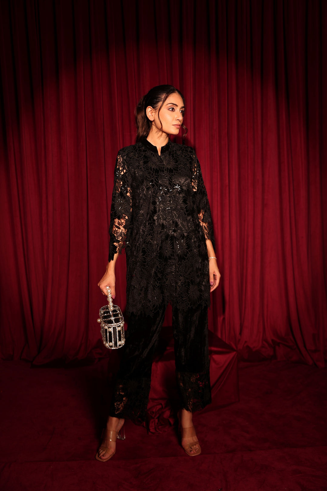 Fragrant Floral Sequins Tunic with Velvet Pants- Black