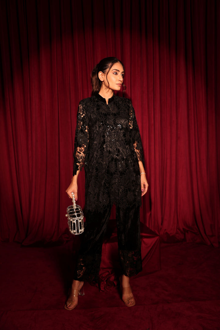 Fragrant Floral Sequins Tunic with Velvet Pants- Black