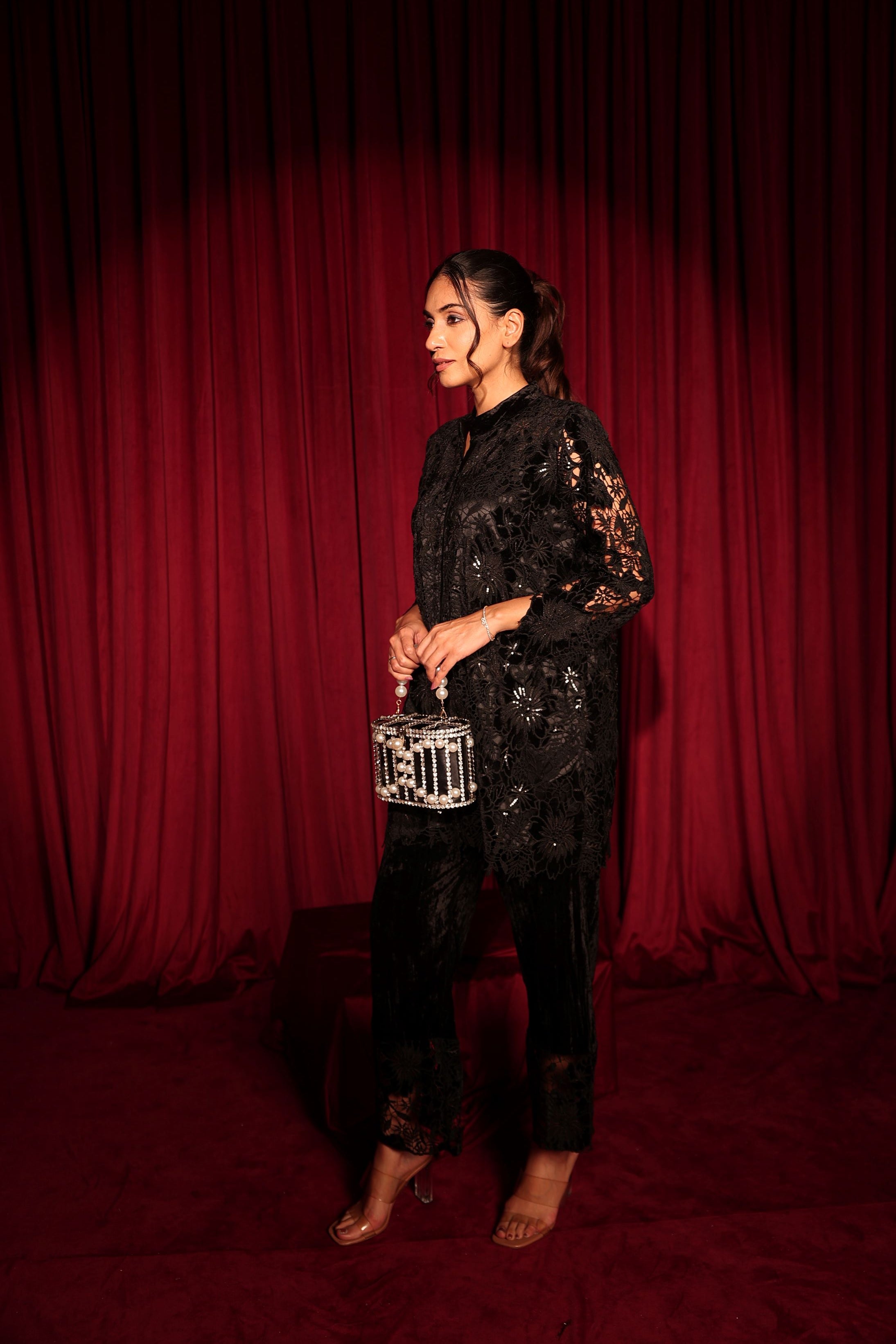 Fragrant Floral Sequins Tunic with Velvet Pants- Black