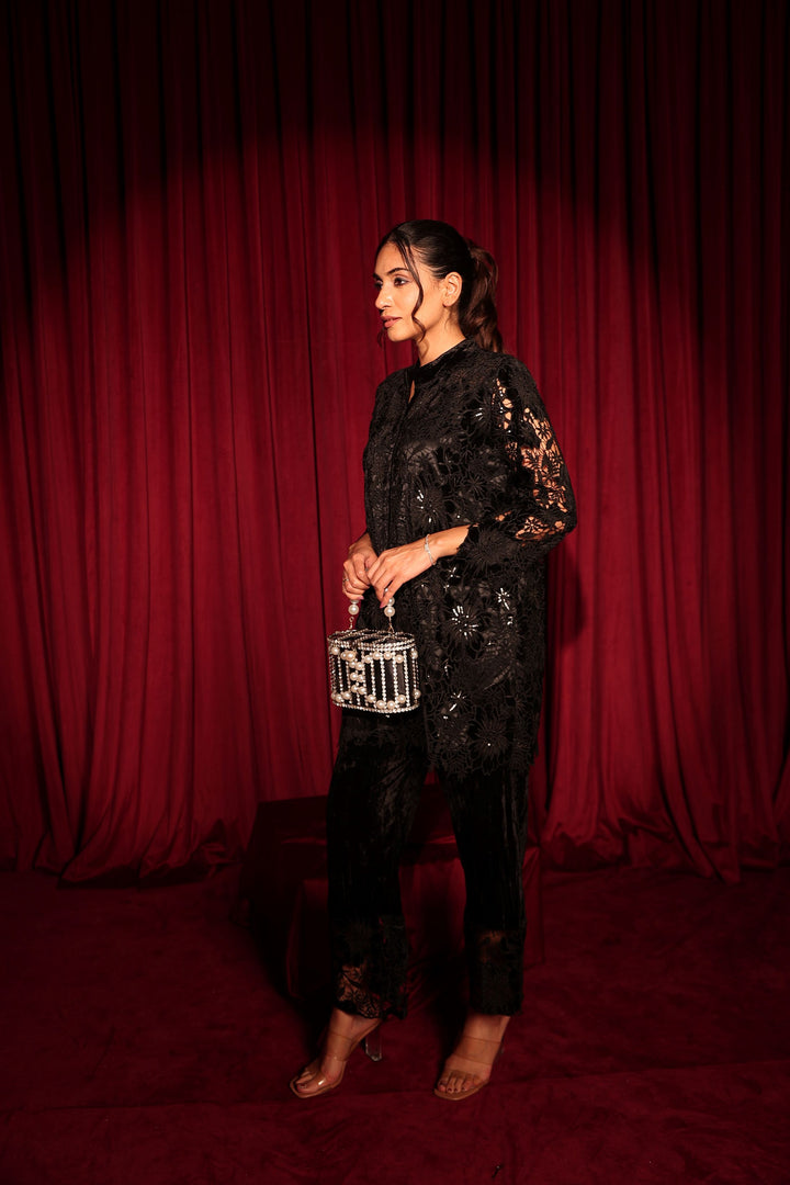 Fragrant Floral Sequins Tunic with Velvet Pants- Black