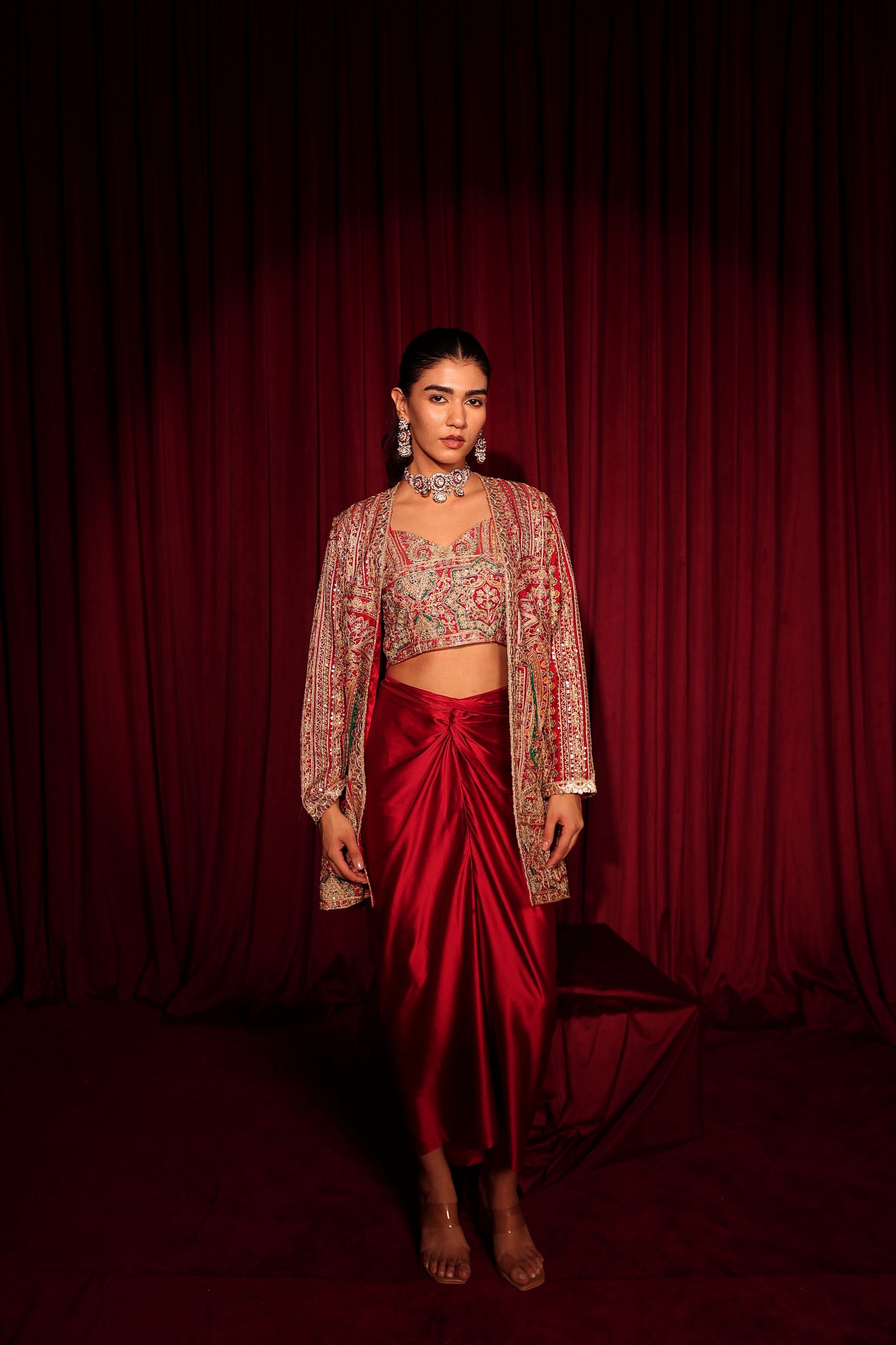 Elizey Paisley Embroidered Jacket with Dhoti Skirt - Red