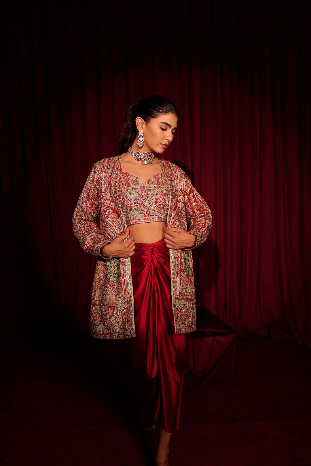 Elizey Paisley Embroidered Jacket with Dhoti Skirt - Red