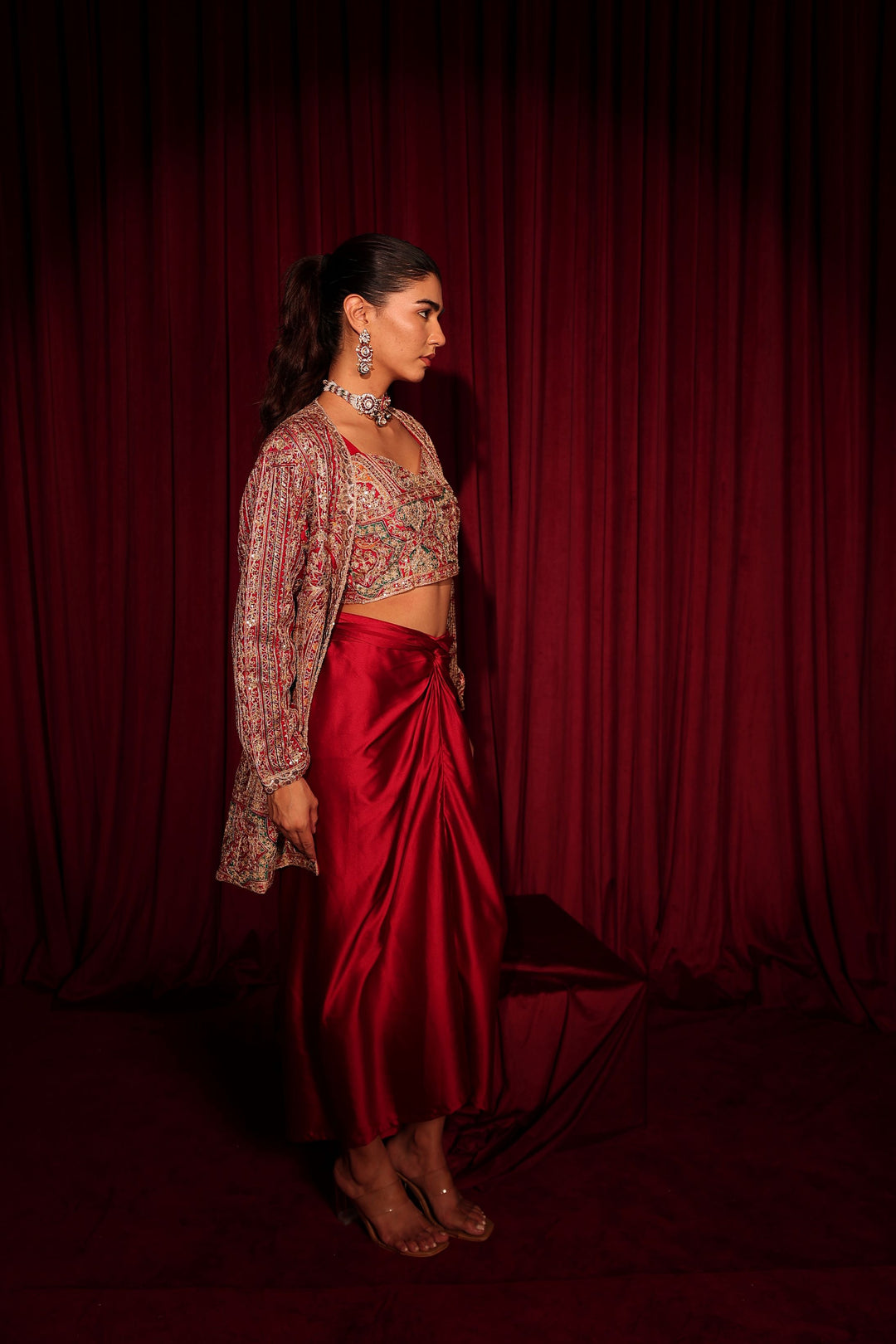 Elizey Paisley Embroidered Jacket with Dhoti Skirt - Red