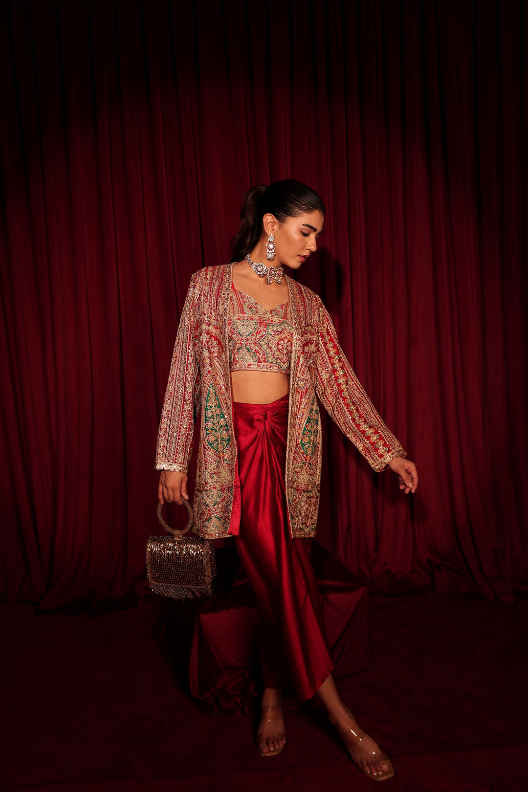 Elizey Paisley Embroidered Jacket with Dhoti Skirt - Red