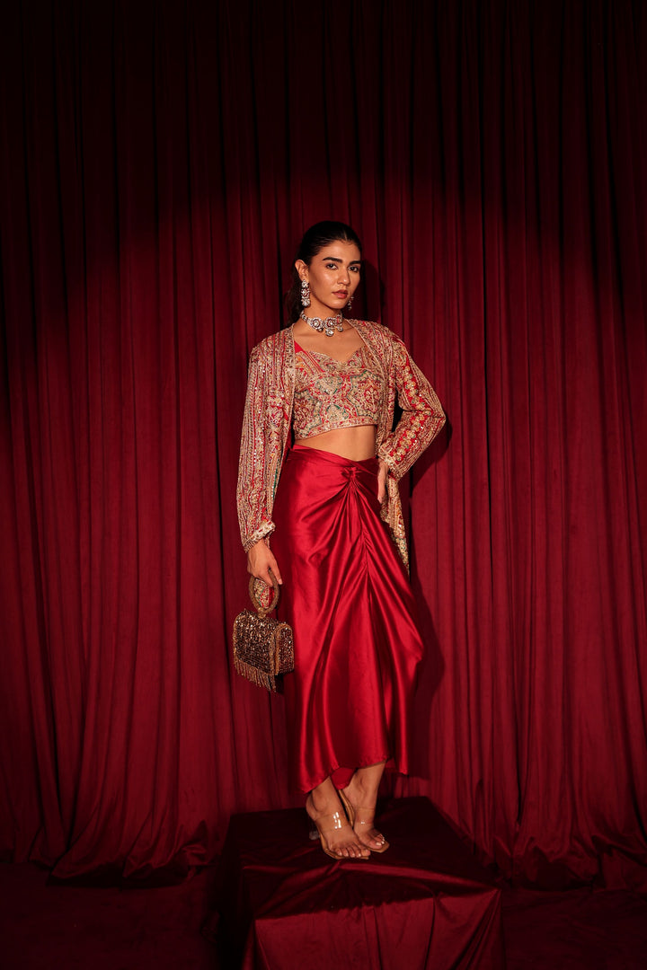 Elizey Paisley Embroidered Jacket with Dhoti Skirt - Red
