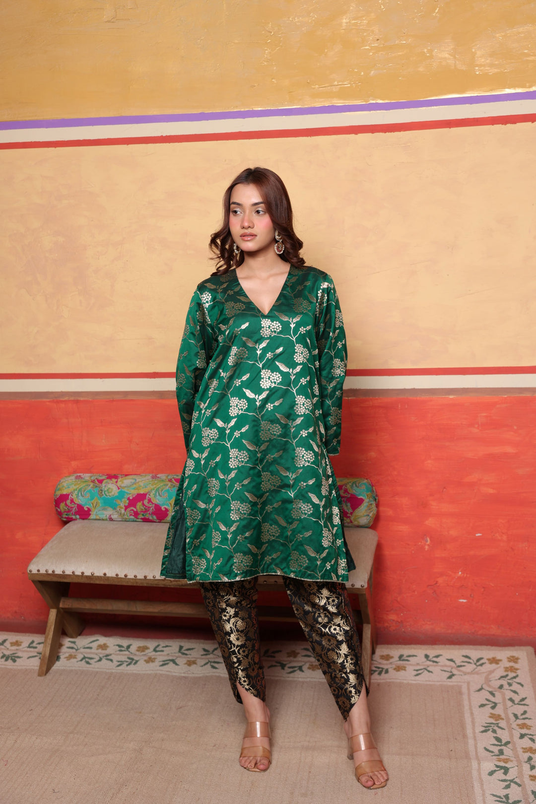 Banarasi Begum Tunic Tulip Set - Green and Purple