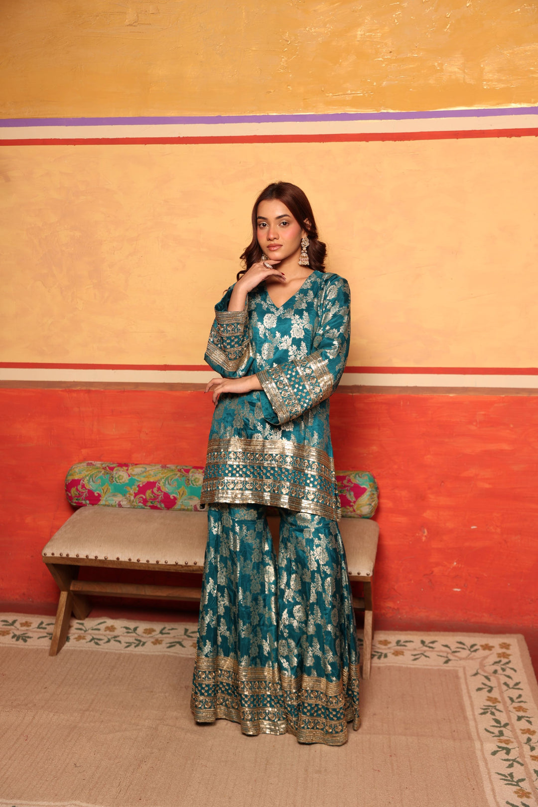 Banarasi Begum Sharara Set w Pink Dupatta - Turqouise