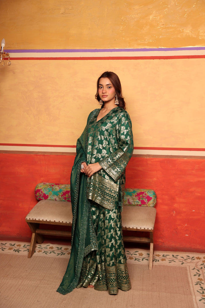 Banarasi Begum Sharara Set - Emerald Green