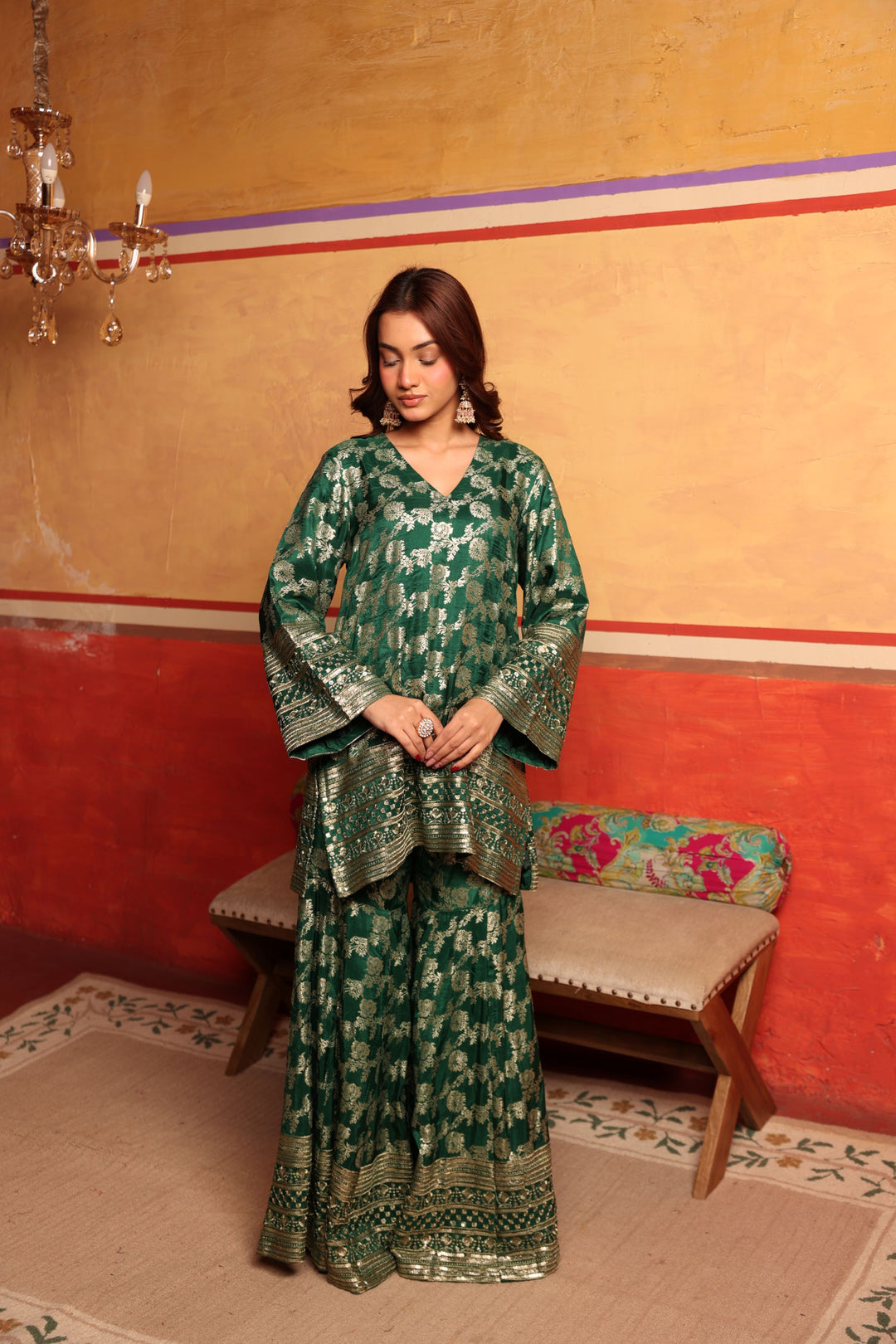 Banarasi Begum Sharara Set - Emerald Green