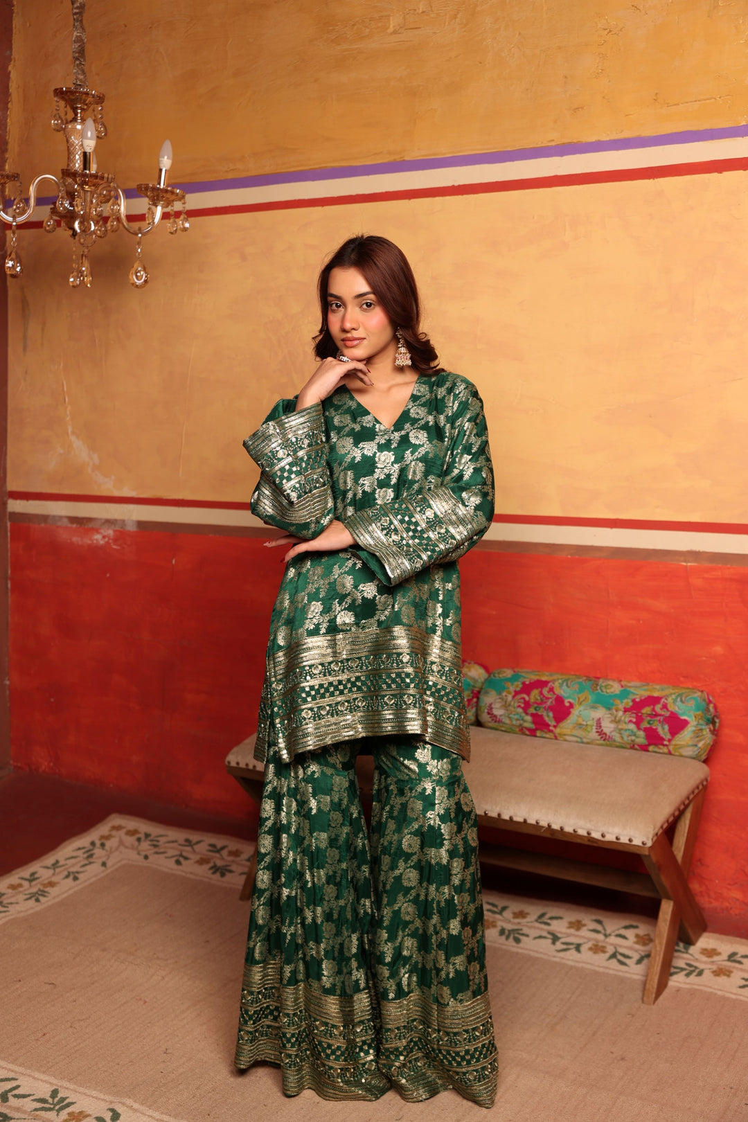 Banarasi Begum Sharara Set - Emerald Green
