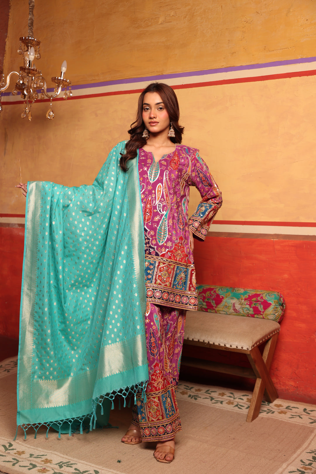 Elizey Paisley Coordinated Kurta Set w Chunni - Pink