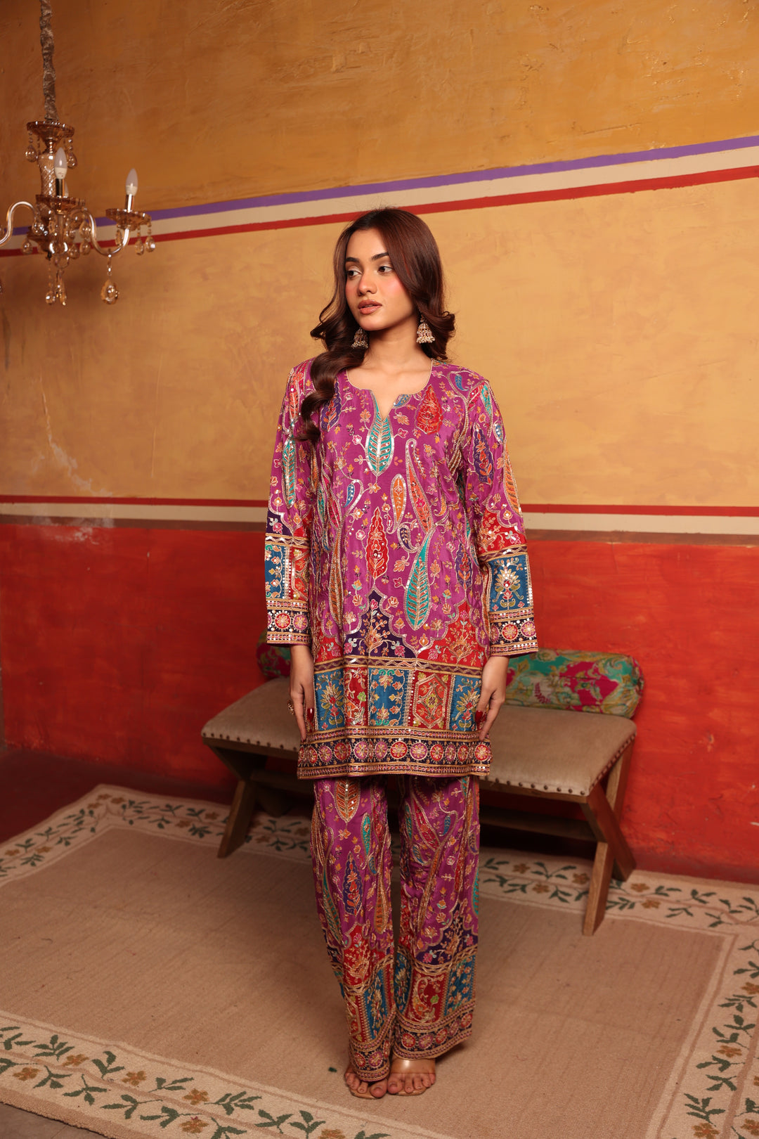 Elizey Paisley Coordinated Kurta Set w Chunni - Pink