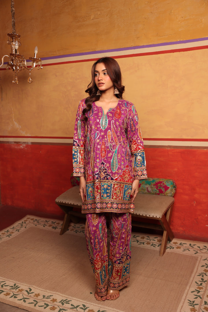 Elizey Paisley Coordinated Kurta Set w Chunni - Pink