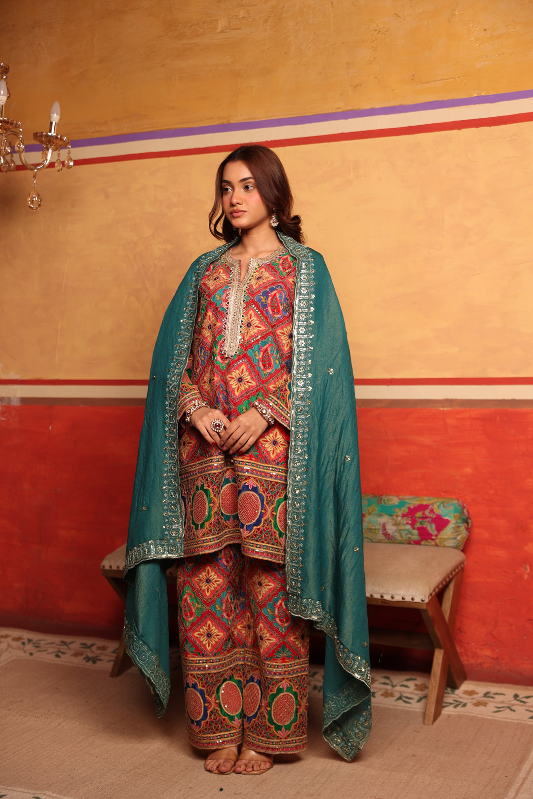 Elizey Paisley Coordinated Kurta Set w Chunni - Red