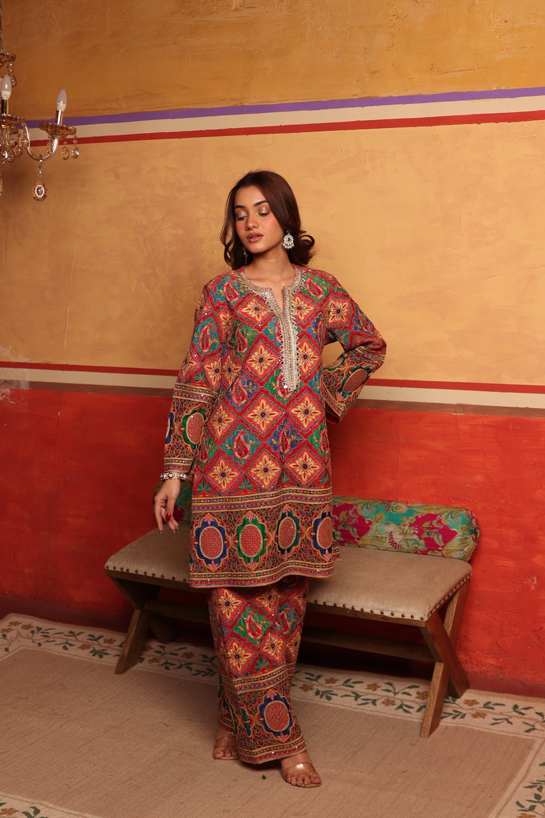 Elizey Paisley Coordinated Kurta Set w Chunni - Red