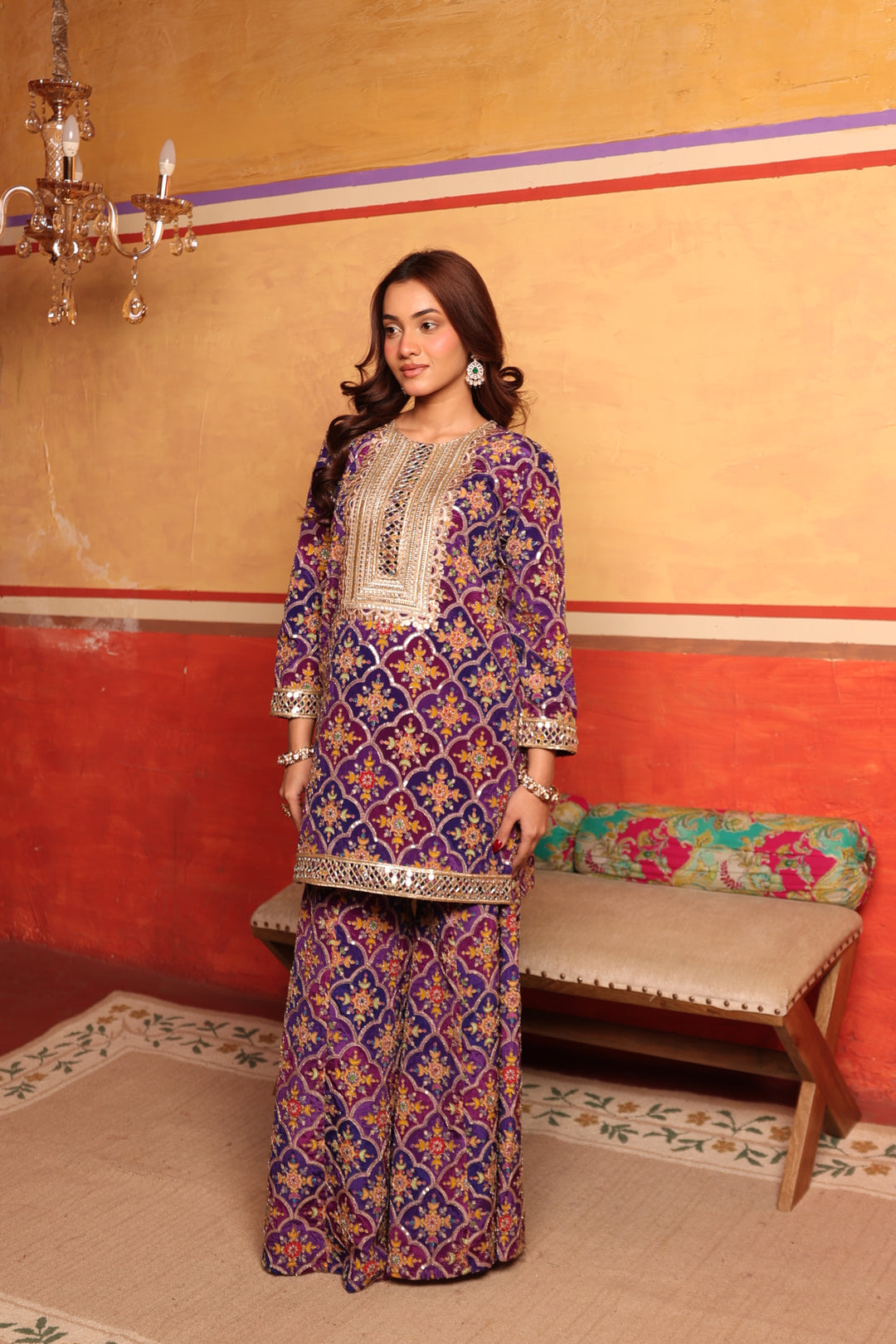 Elizey Paisley Embroidered Sharara Set - Purple Ombre