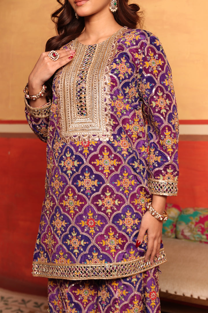 Elizey Paisley Embroidered Sharara Set - Purple Ombre