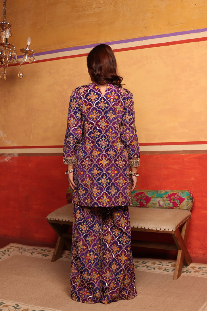 Elizey Paisley Embroidered Sharara Set - Purple Ombre