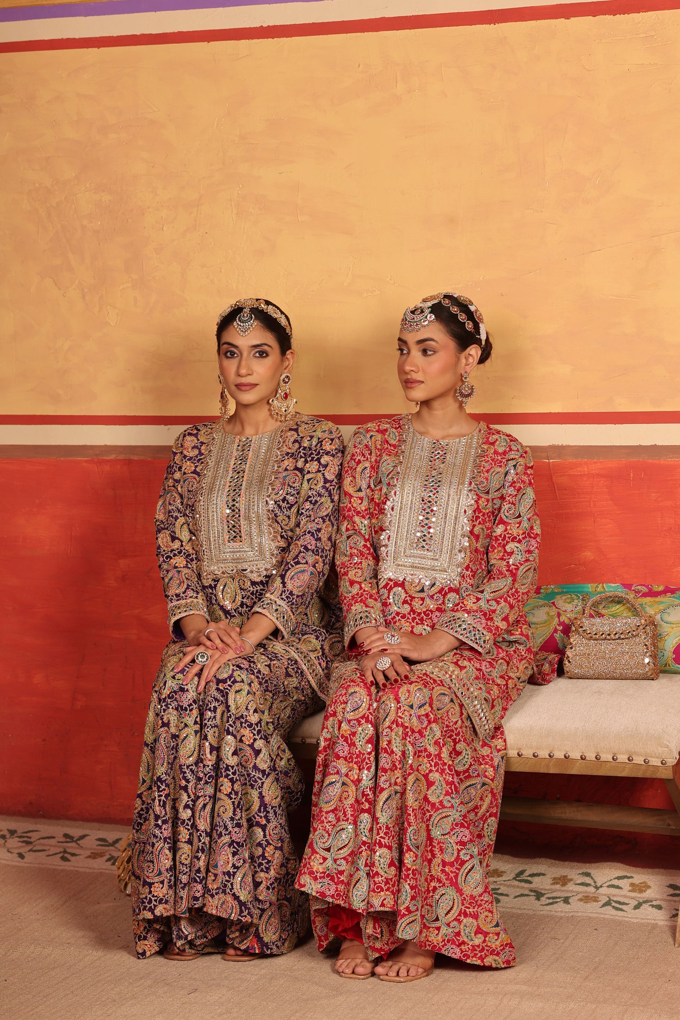 Elizey Paisley Embroidered Sharara Set - Purple