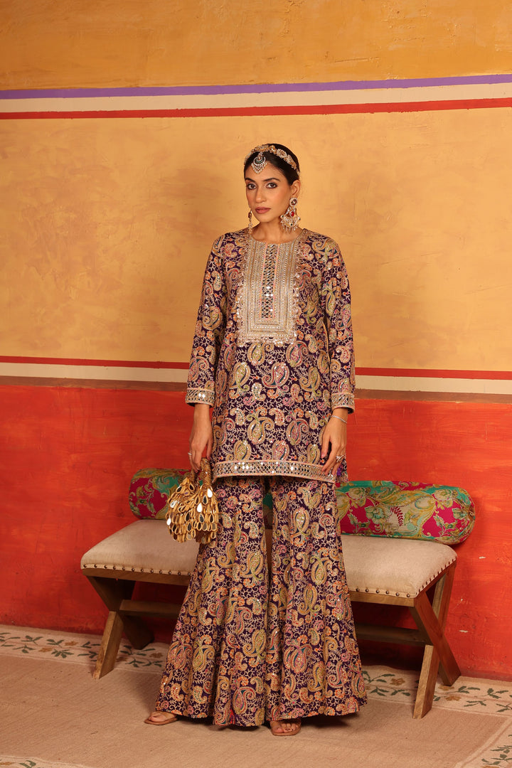 Elizey Paisley Embroidered Sharara Set - Purple
