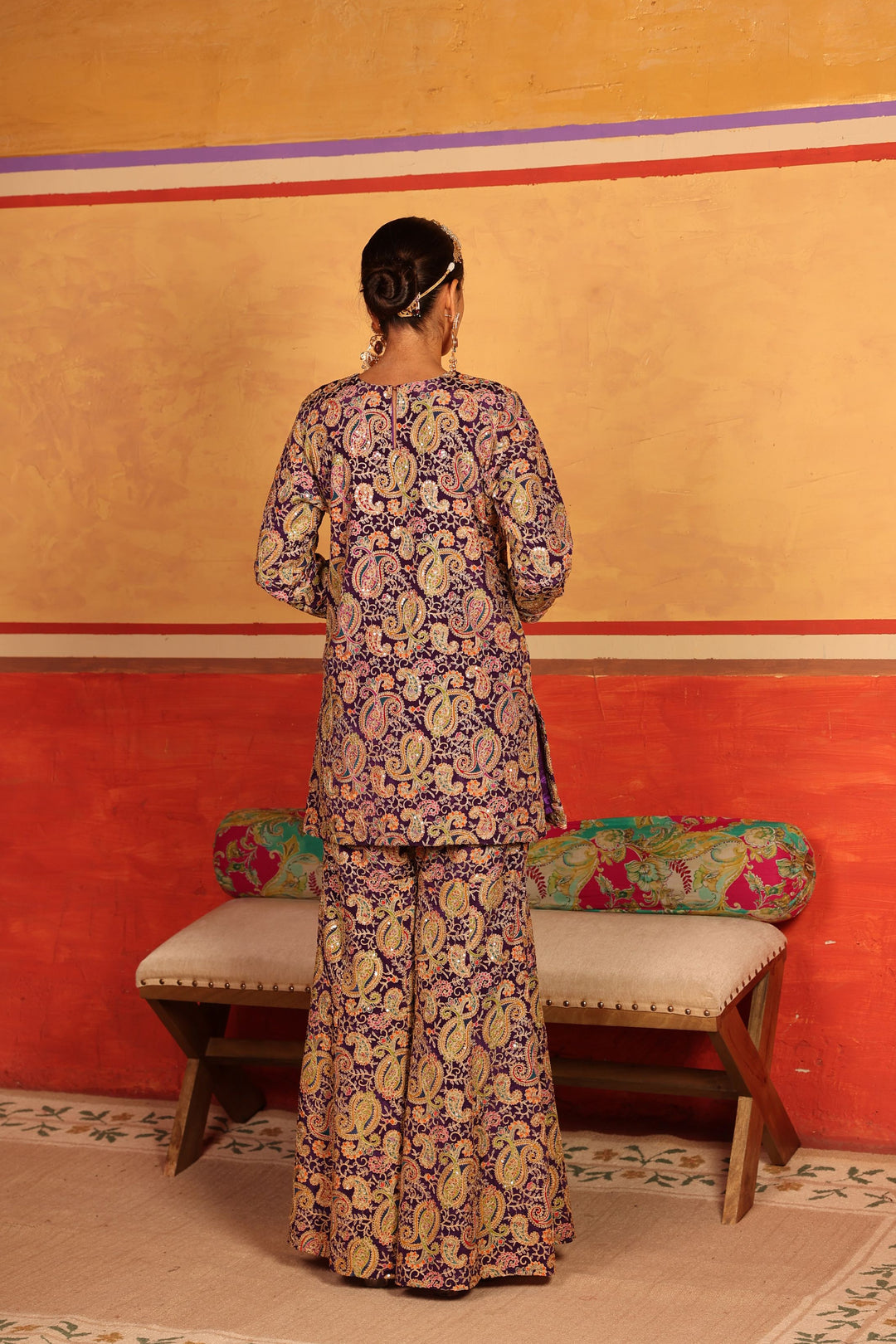 Elizey Paisley Embroidered Sharara Set - Purple